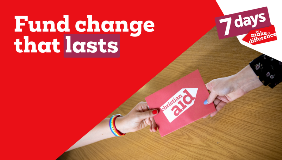 Two hands, each holding one side of a red Christian Aid envelope. the copy reads 'Fund change that lasts'.